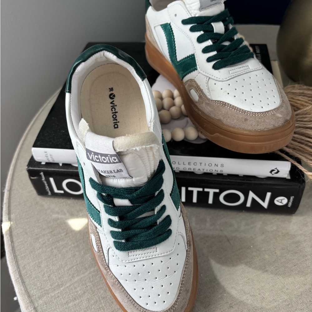 Women's Sneakers - White, Green, and Tan
